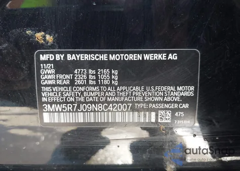 2022 BMW 330I xDrive z USA, uszkodzony, nr VIN 3MW5R7J09N8C42007